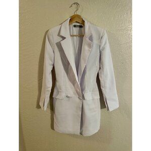 Y Lichi White Cotton Two Button Plunge V Neck Long Blazer Professional Dress